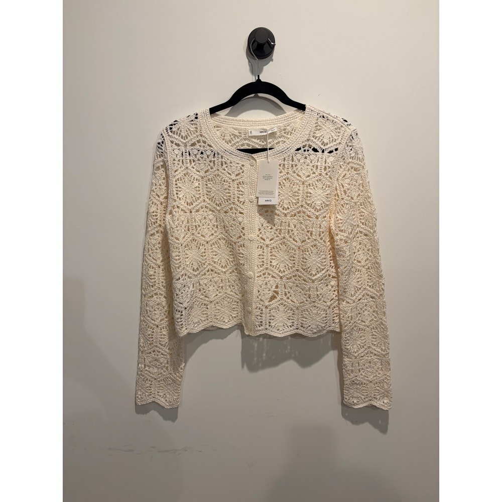 Mango MNG Women Cream Ivory Crochet Knit Button Front Cardigan Sweater Small NWT